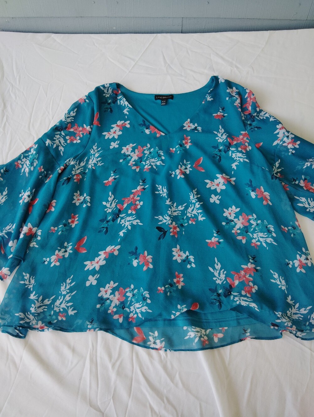 Lane Bryant Teal Floral V-Neck Peasant Blouse 18/20